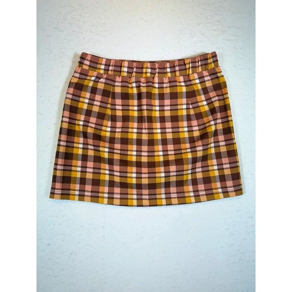 Like an ANGEL Plaid Mini Skirt Brown Pink Yellow Women's XL Elastic Waist - Picture 2 of 3